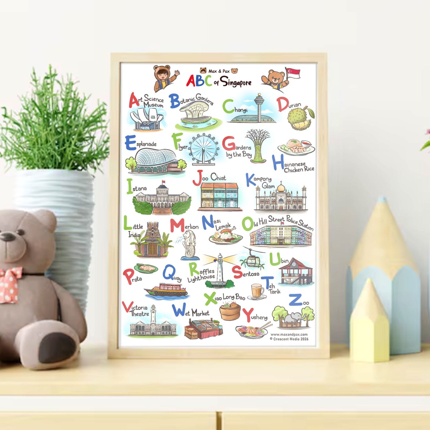 Mockup of "ABC Around Singapore" poster framed and put up on the wall in a child's room