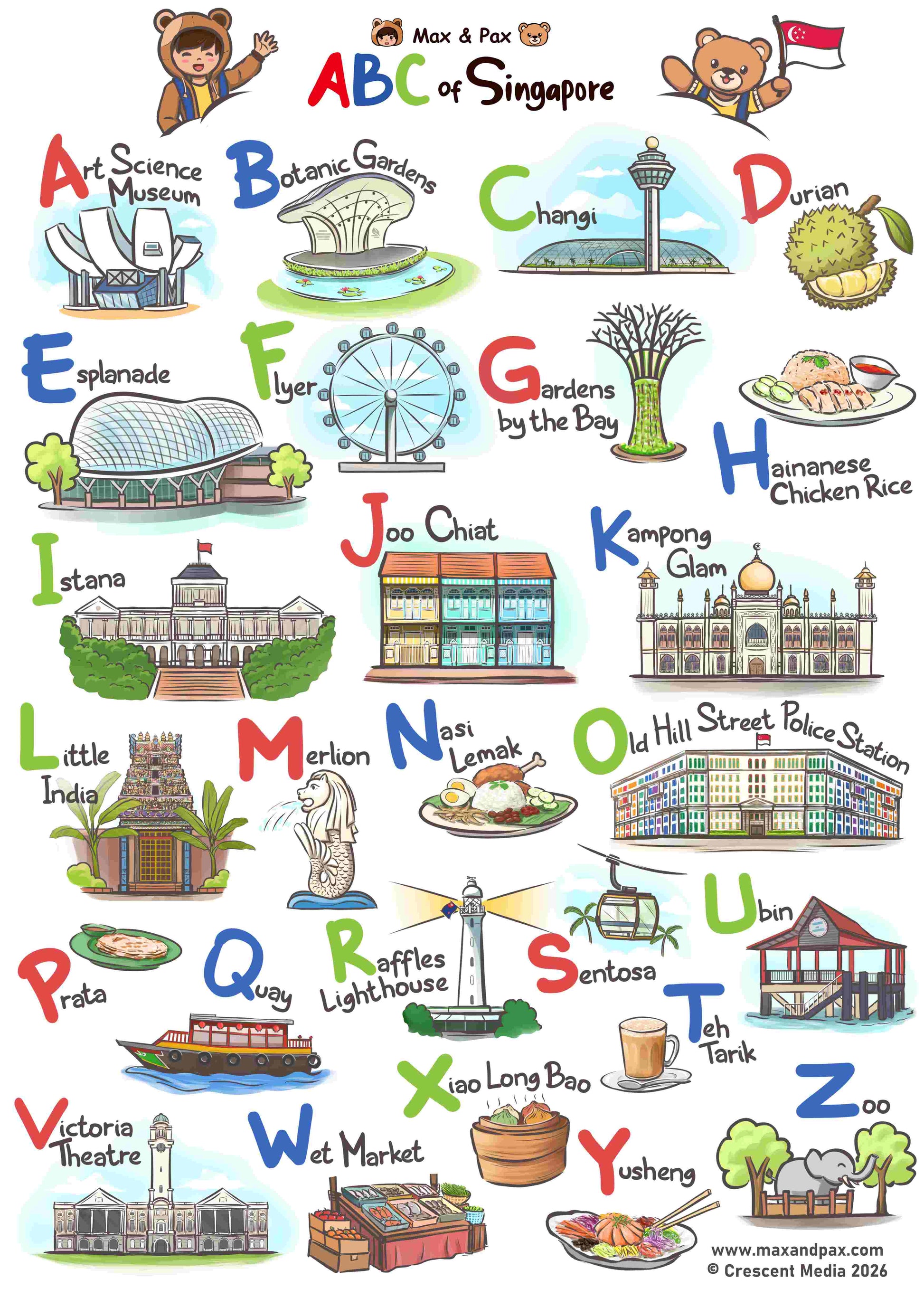 Illustrated "ABC Around Singapore" alphabet poster featuring Singapore landmarks and local food