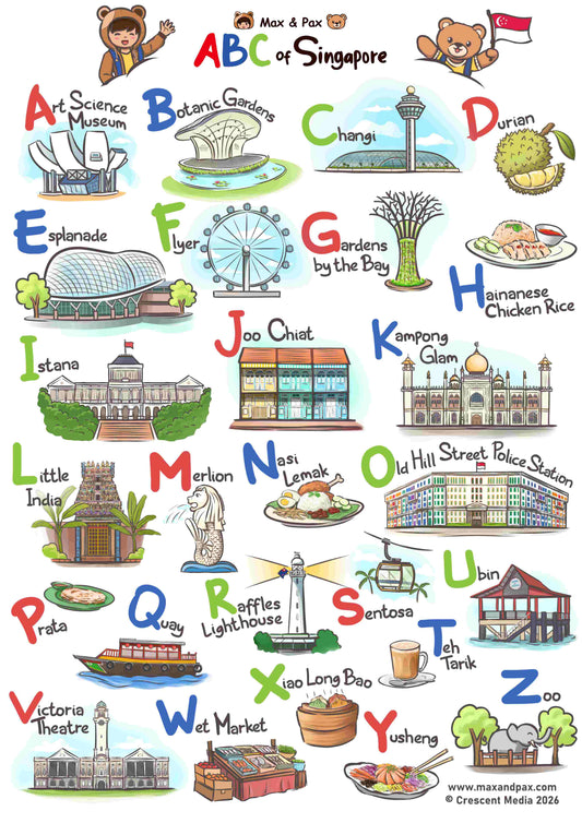 Illustrated "ABC Around Singapore" alphabet poster featuring Singapore landmarks and local food
